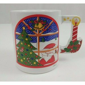 Vintage Action Christmas Colllectors Mug W/ Santa in Window With Candle Handle
